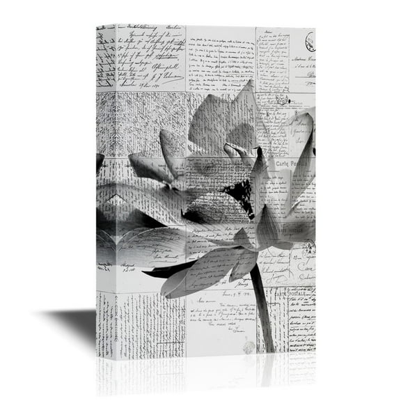 wall26 Black and White Canvas Wall Art - Lotus Flower on Vintage Letters Background - Gallery Wrap Modern Home Art | Ready to Hang - 12x18 inches
