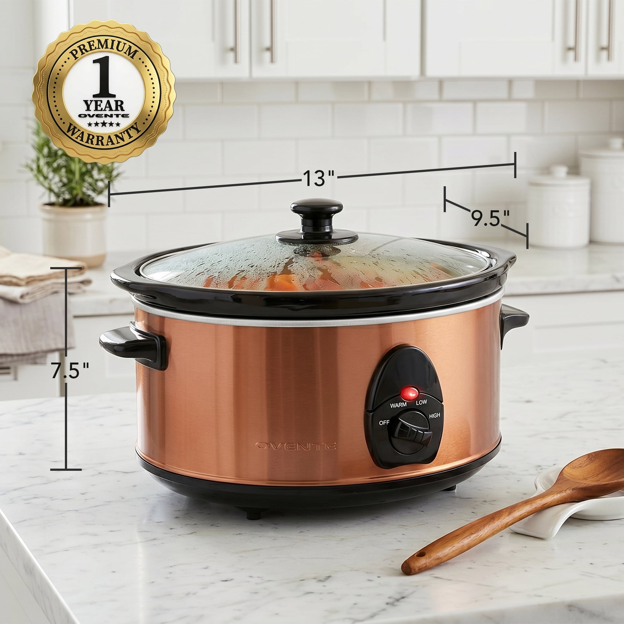 OVENTE Electric Slow Cooker with 3 Cooking Settings Non-Stick and Dishwasher Safe Stoneware, Stainless Steel Body, Glass Lid, 3.7 Qt Oval Pot for Entrees, Soups, Sauces, Stews & Dips, Copper SLO35ACO