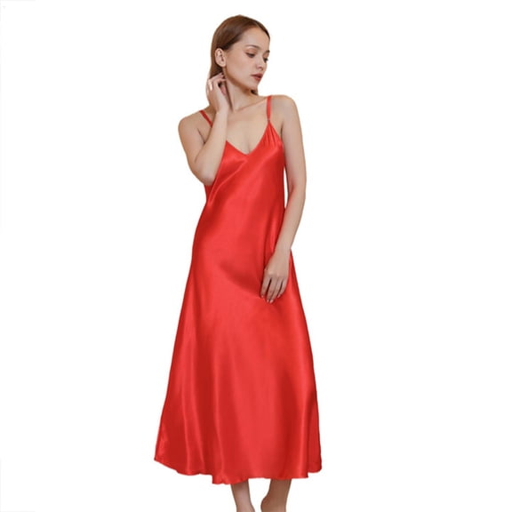 Fjuchai Women's Silk Nightgown Nightdress Long Sleepwear Sleeveless Loungewear Soft Summer Night Pajama Sleep Dress Knee Length Nightwear S-XL