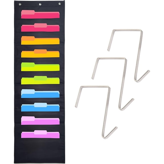 ZPARNO Wall Hanging File Organizer with 10 Pockets, Wall File Organizer with 3 Metal Hooks, File Folder Organizer, Pocket Chart for File Folder and Paper