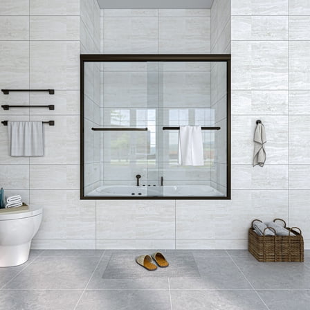 56 to 60 in. W x 58 in. H Framed Pivot Shower Door in Black with Clear Glass