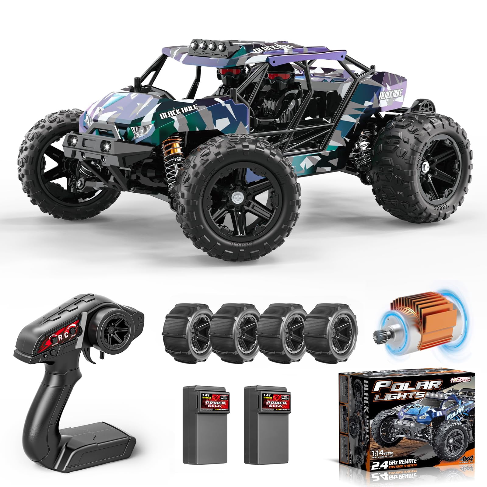Womaqu Voiture RC 1:14 40 Km/h 4x4 étanche – Monster Truck Tout-terrain Avec 2 Batteries 1300mAh Et 2 Jeux De Pneus – Pour Adulte Et Enfant