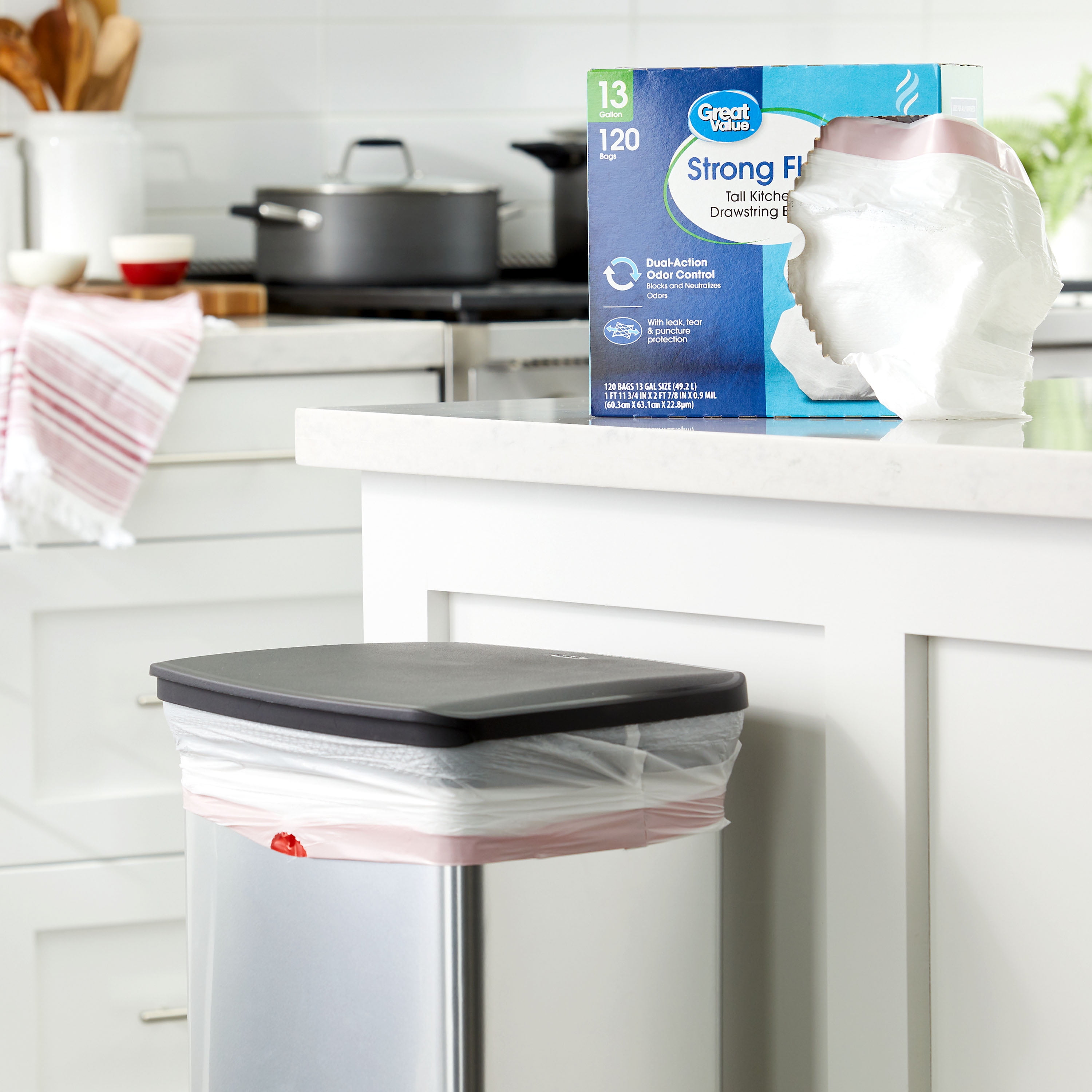 Great Value Strong Flex 13-Gallon Drawstring Tall Kitchen Trash Bags, Fresh Scent, 120 Bags
