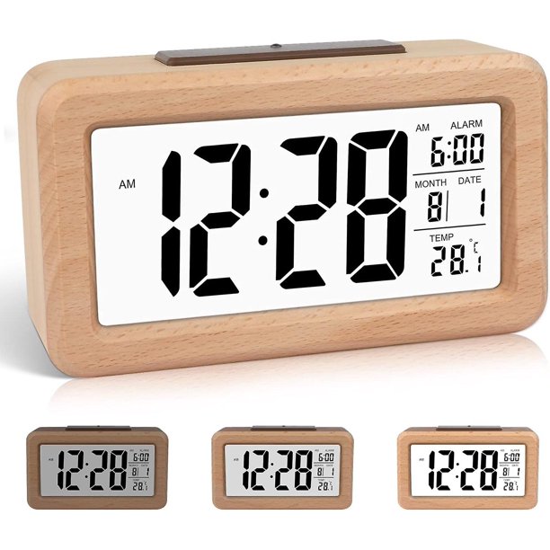 Reloj despertador digital de madera fácil de configurar con temperatura, fecha, retroiluminación, repetición, para dormitorio, mesita de noche, hogar, oficina, sin tictac