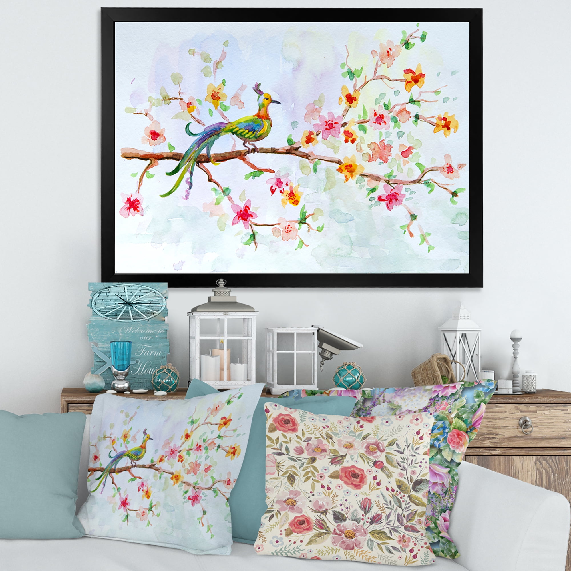 Designart 'Little Bird Sitting On Blooming Branch' Traditional Framed Art Print