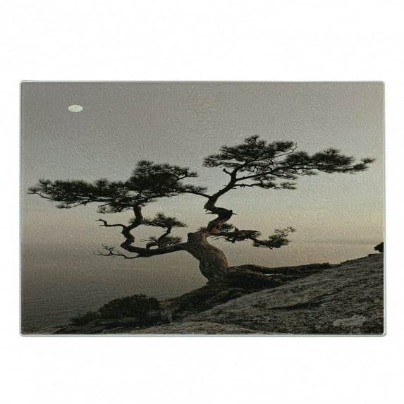 Tree Cutting Board, Lonely Juniper Tree on Seaside Cliff Full Moon at Sunset Nature Theme Art Print, Decorative Tempered Glass Cutting and Serving Board, Small Size, Brown Grey, by Ambesonne