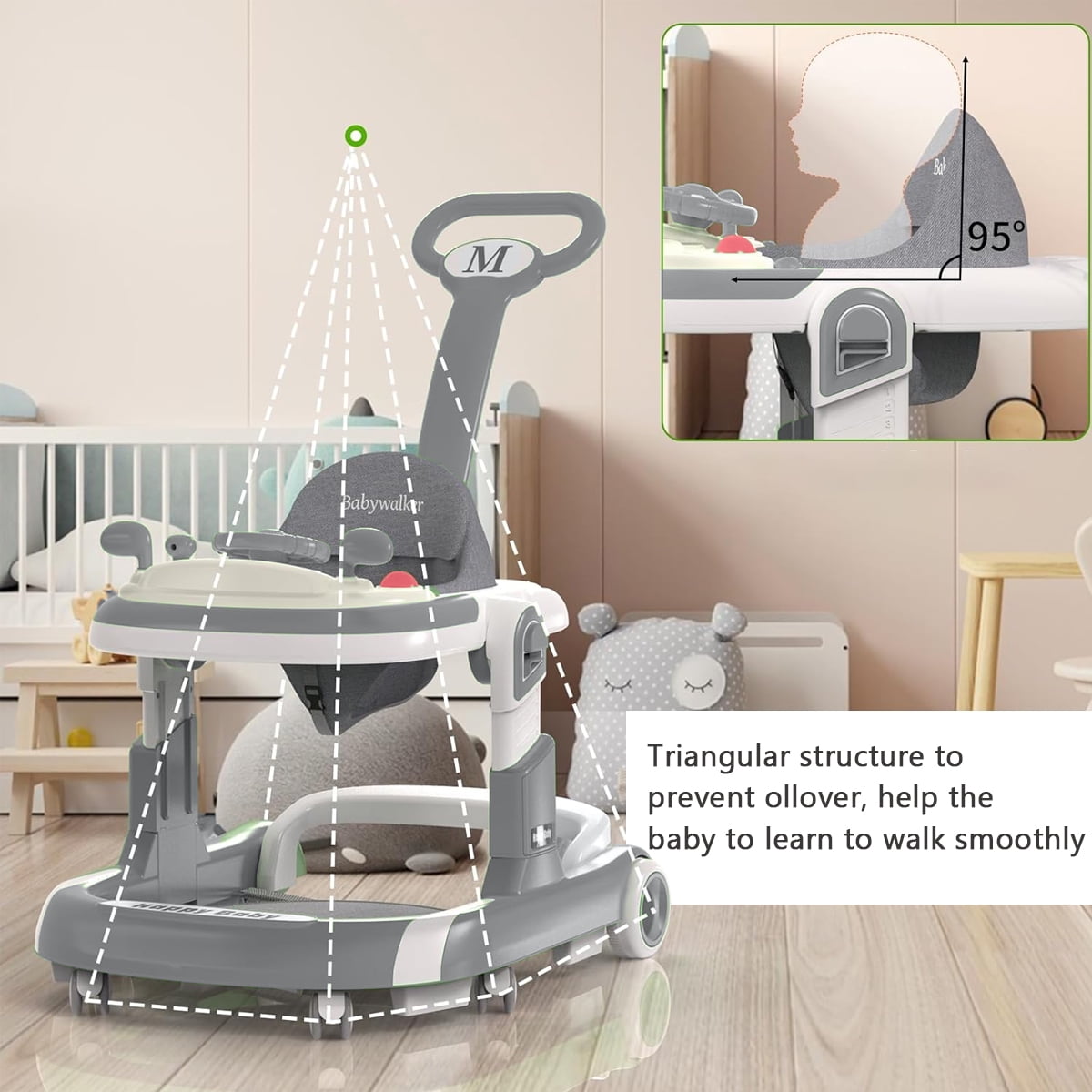 SIMANLI 5 in 1 Folding Baby Walker Adjustable Height & Speed, Kids Baby Walker with Wheels & Music Toys for Girls Boys, Gray