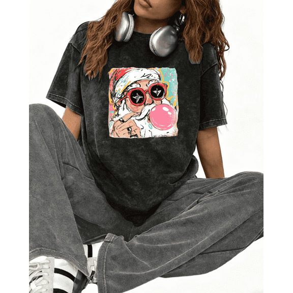 Christmas Cute Graphic Tee T-Shirt Rocker Santa Bubble Gum Print Top Washed Short Sleeve Round Neck Black S-2XL Plus Size