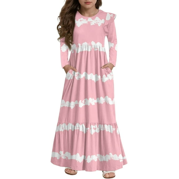 Abcomgle Girls Long Sleeve Dresses 8-9 Casual A-Line Ruffle Long Sleeve Girls Long Dresses Striped Colorbolck Crew Neck Sundresses Tiered Dresses with Pockets,Pink
