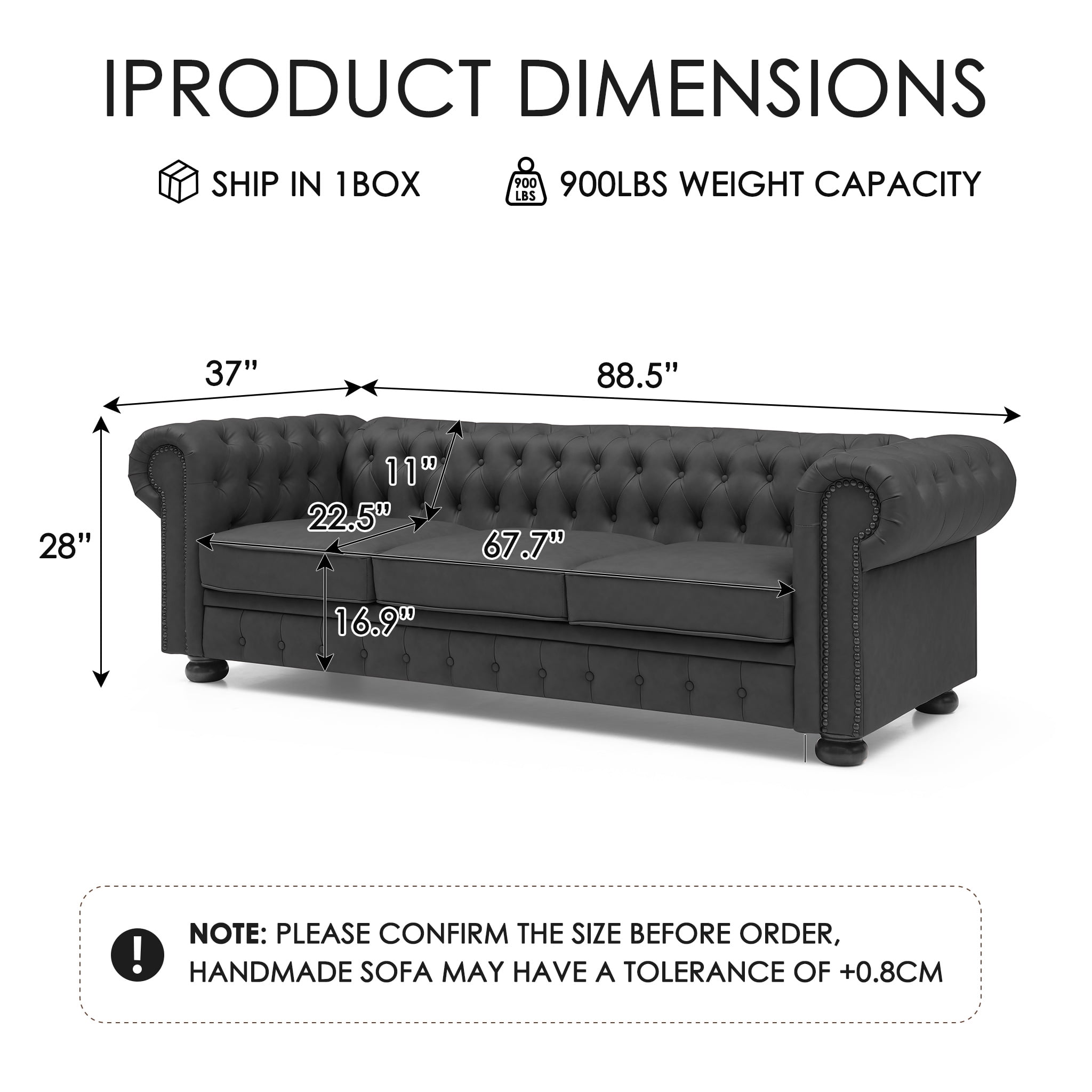 81" Dark Grey Chesterfield Faux Leather Sofa, Rolled Arm 3 Seater Couch, Button Tufted Back, Nailhead Trim, Individual Cushions, Solid Wood Legs for Living Room, Office, Apartment