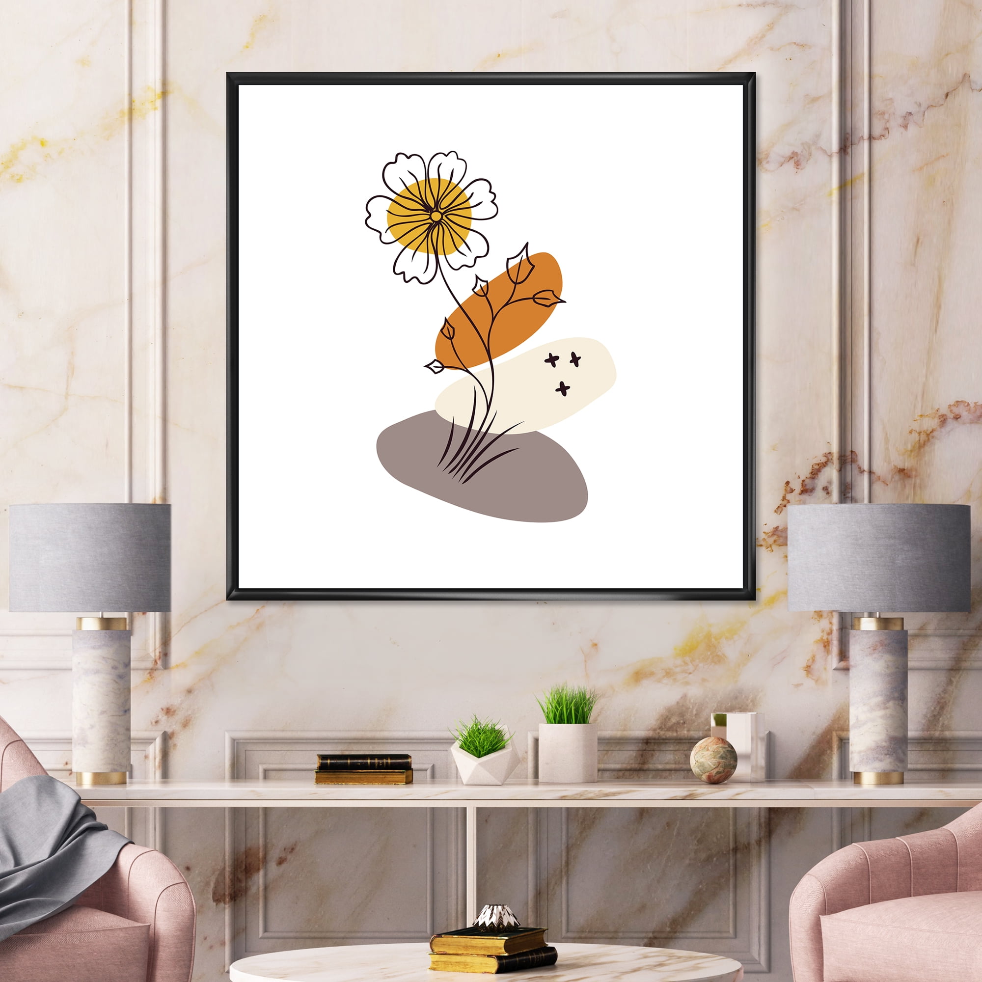 Designart 'Abstract Minimal Shapes Under Flowers I' Modern Framed Canvas Wall Art Print