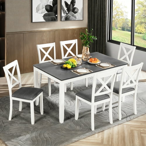 7-Piece Solid Wood Dining Table and Chairs Set, Modern 58.5 Inch Table with 6 Padded Chairs (X-Back Style) for Kitchen, Dining Room, Grey and White two toned
