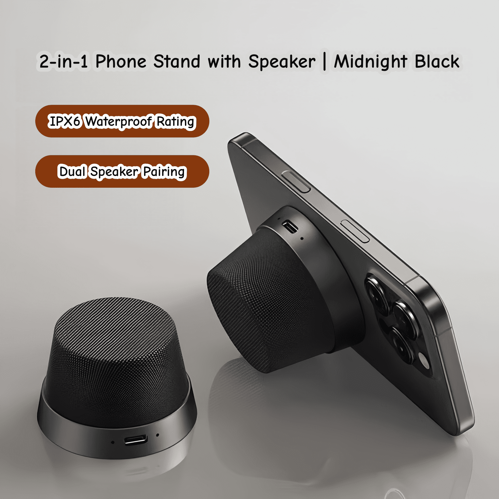 2-in-1 Magnetic Phone Stand Bluetooth Speaker, IPX6 Water Resistant, TWS Stereo Pairing