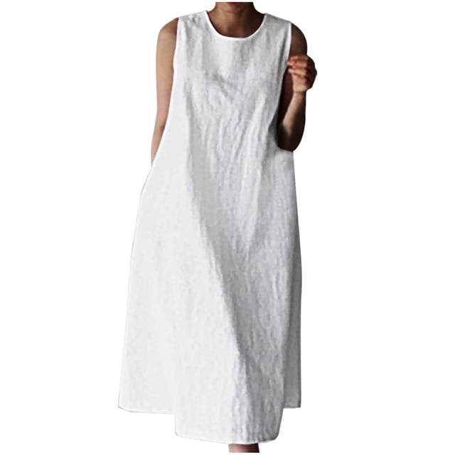 Bowake Femmes Été Sans Manches Coton Lin Maxi Robes Décontracté en Vrac Débardeur Robe de Couleur Unie Poche Robe de Soleil