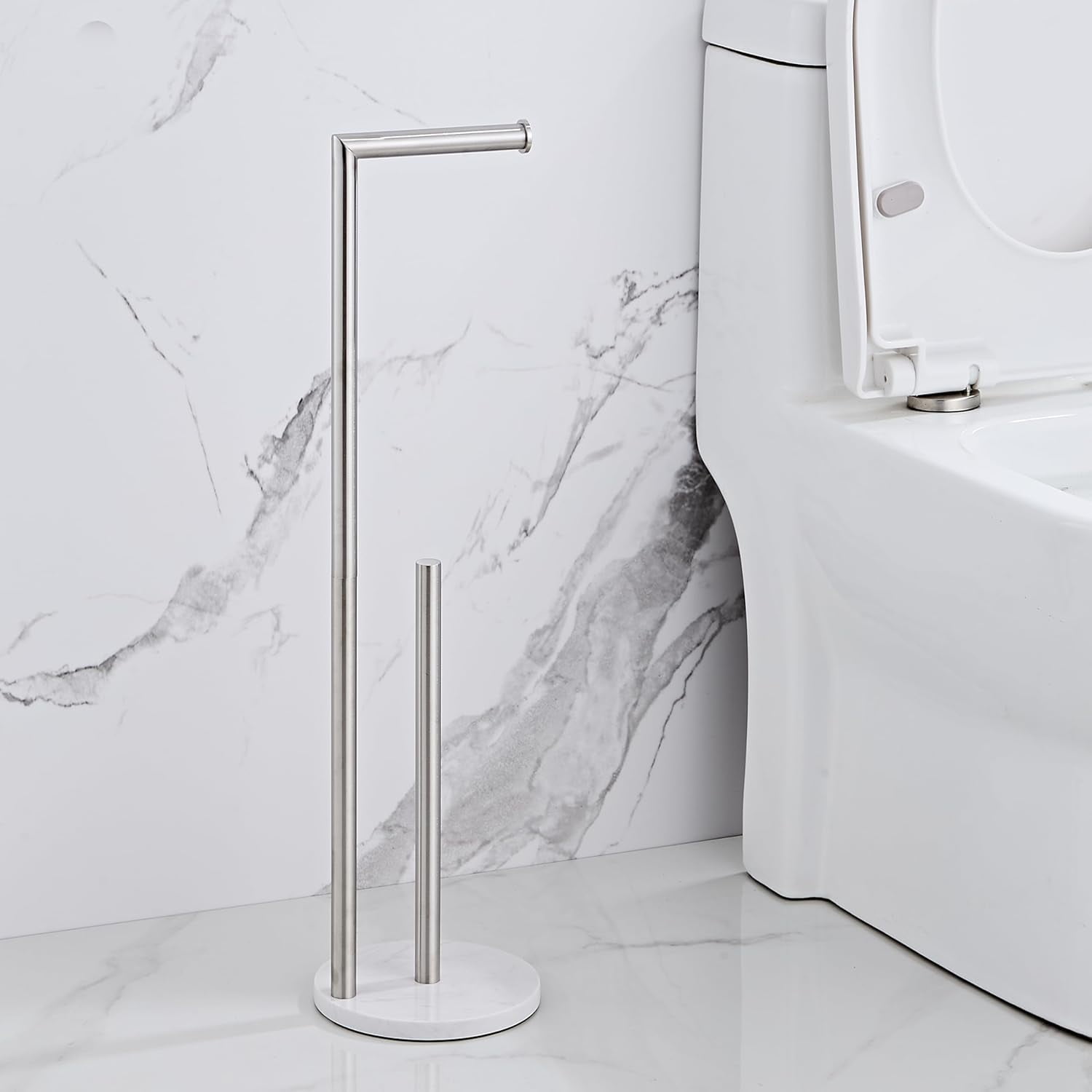 Marble Toilet Paper Holder Stand - Brushed Nickel Freestanding with Storage Floor Stand Silver Toilet Roll Holder Standing Paper Towel Holder
