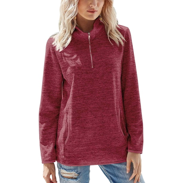 Qarigey Sudadera con capucha para mujer, suéter de Color sólido, sudadera de manga larga con cremallera, cuello sólido, Top holgado informal de otoño Prendas para la parte del cuerpo Vino rojo L Qarigey AP003716-23