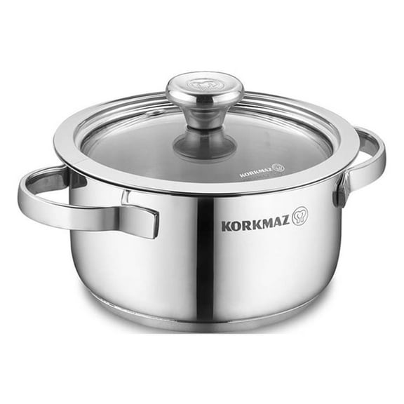 Korkmaz Minika Stainless Steel Cooking Pots with Glass Lids, Steel Casseroles, Multipurpose Cookware, Small 0.79 qt
