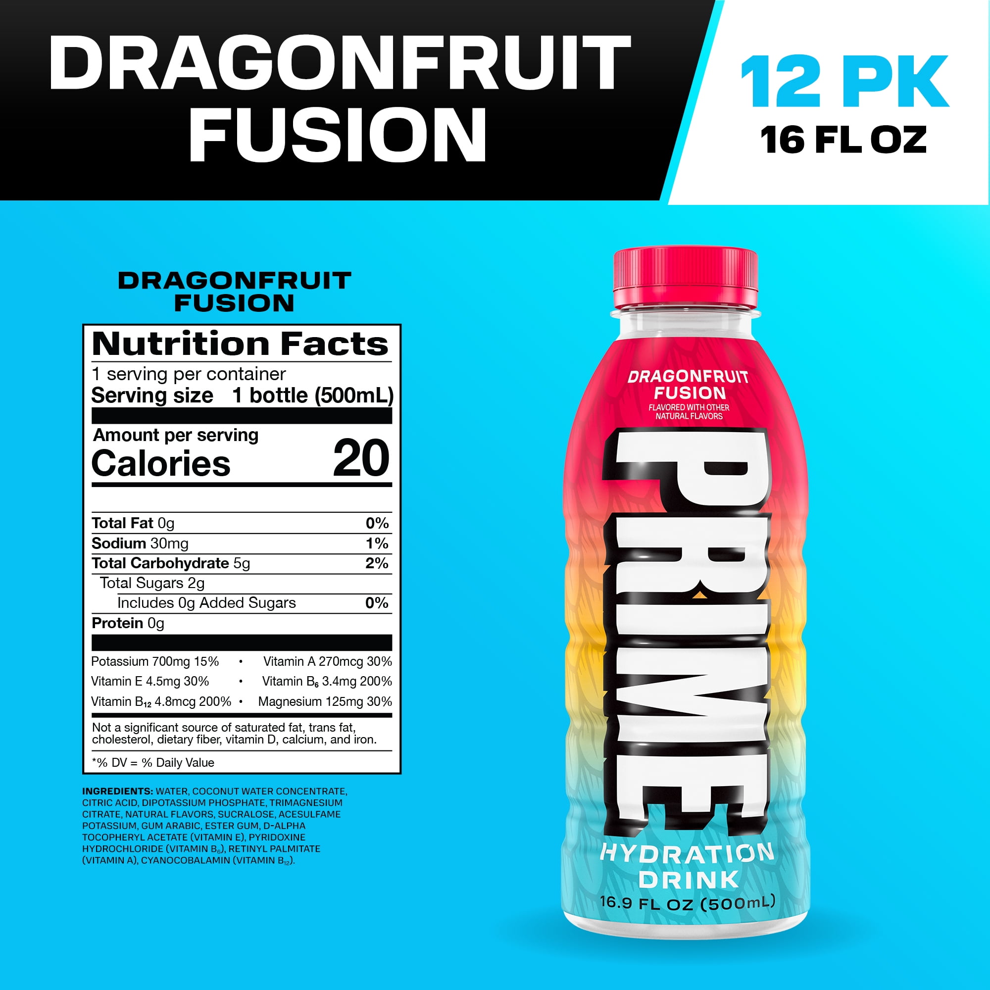 (2 pack) Prime Hydration Sports Drink, Dragonfruit Fusion, 16.9 fl oz, Bottle