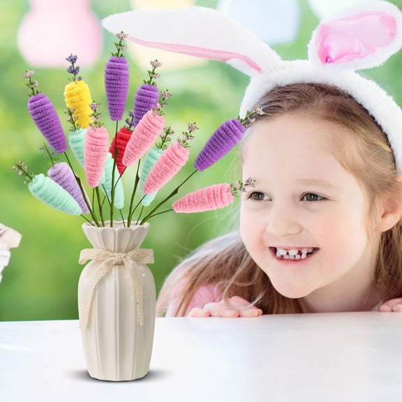 13" Easter Carrot Artificial Floral Picks, Realistic Faux Green Plant Stems With Greenery Leaves, Spring Farmhouse Home Decor For Tiered Tray Vase Filler & Table Centerpiece A