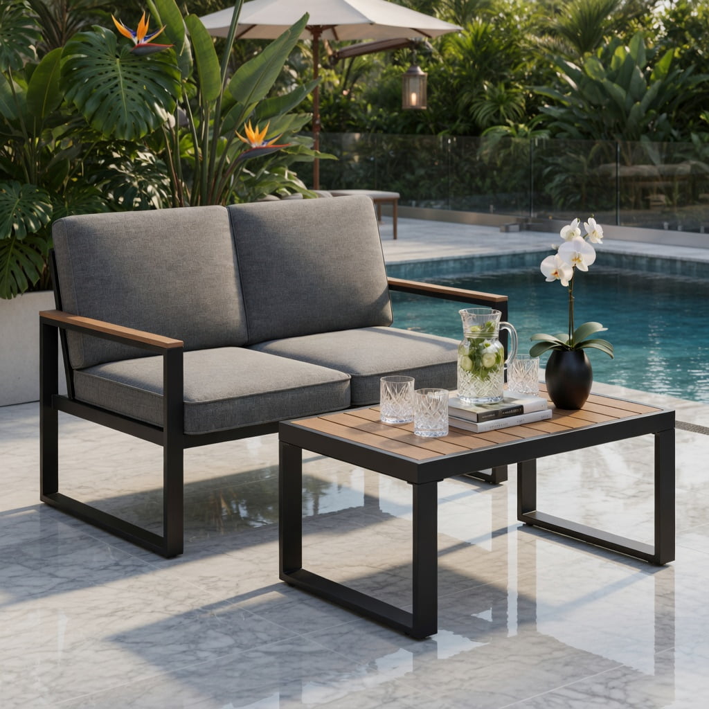 Hommoo 2-Piece Aluminum Patio Furniture Set, Cushioned Loveseat & Coffee Table with Wood-Plastic Armrests and Tabletop, Rust-Resistant Outdoor Seating for Backyard, Porch, Poolside, Gray