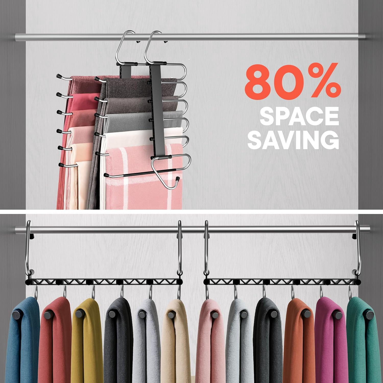 Black Space Saving Pants Hangers 2 Pack, 6 Layer Jeans Hangers and Closet Organizer for Jeans, Scarves, Skirts, Multi-Layer Hanger with Anti-Slip Coating & Stopper, Stainless Steel