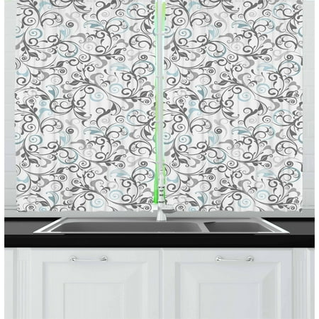 Floral Curtains 2 Panels Set, Damask Antique Baroque Curls Classic Old Fashioned Artistic Royal Revival, Window Drapes for Living Room Bedroom, 55W X 39L Inches, Grey Pale Blue White, by Ambesonne