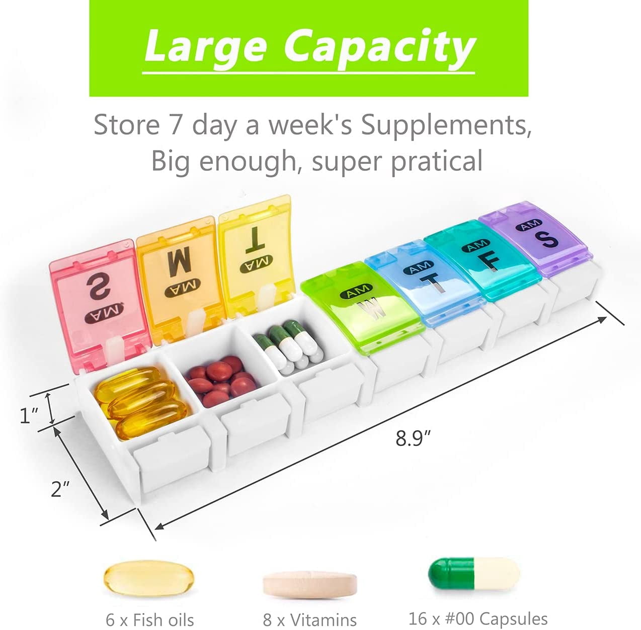 Xlhshop 7 Day AM PM Pill Organizer, 2 Times Daily Large Pill Case, Push Button Pop Open Pill Box, Portable Weekly Medicine Holder for Pills, Vitamins, Fish Oil & Supplements