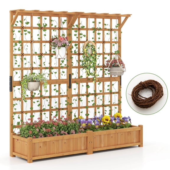 Costway 71" Large Wooden Planter Container with Trellis, Hanging Roof 4 Drainage Holes