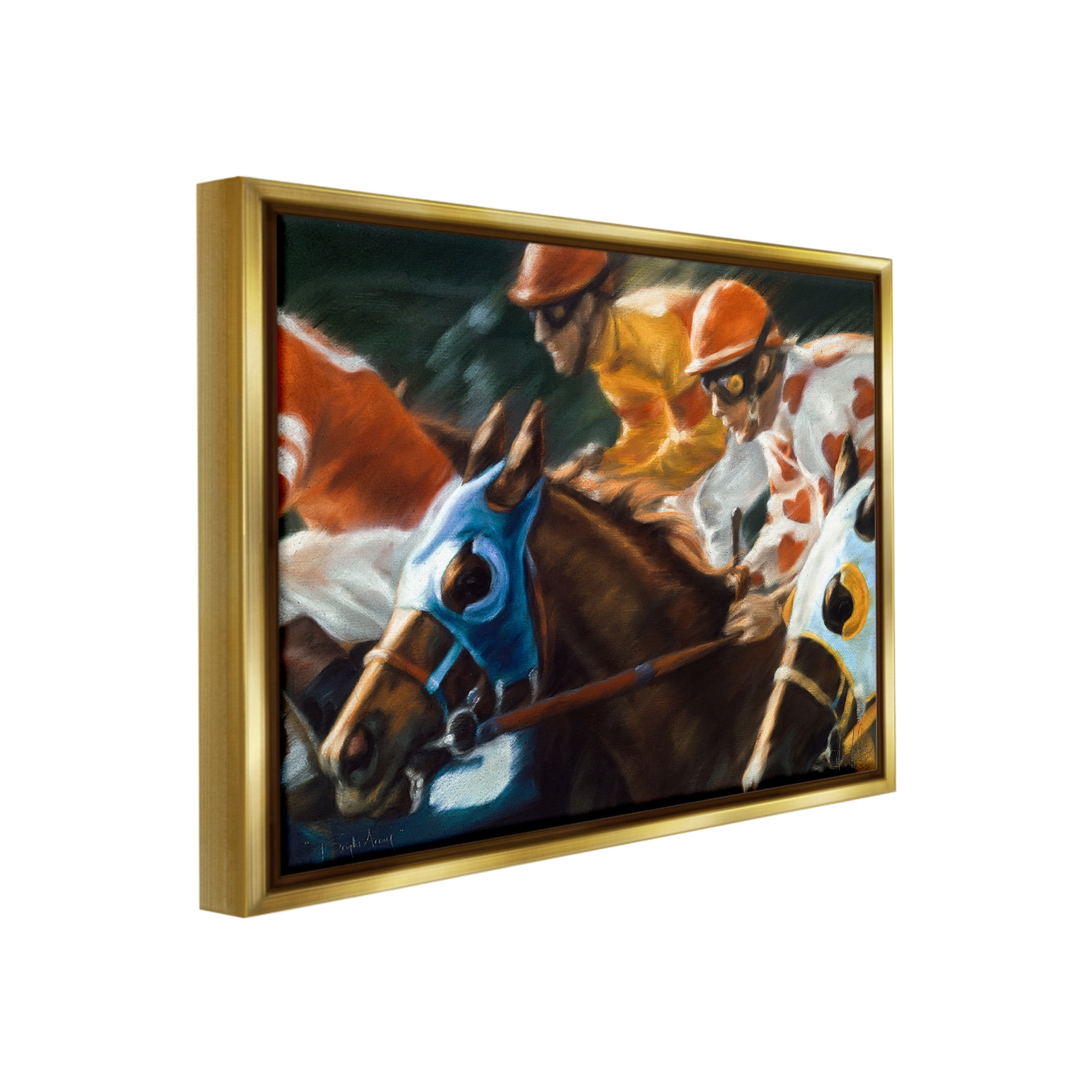 Stupell Industries Equestrian Jockeys Racing Animals & Insects Painting Gold Floater Framed Canvas Art Print Wall Art, 31 x 25