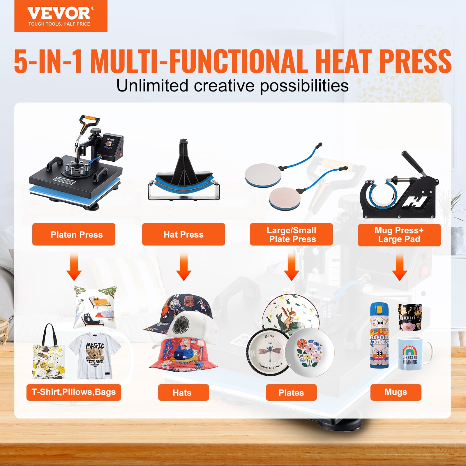 VEVOR Heat Press, 5 in 1 15 x 15 Inch Heat Press Machine, Dual LED Display Heat Press Machine, Multifunctional Sublimation, for T-Shirts, Swing Away Design
