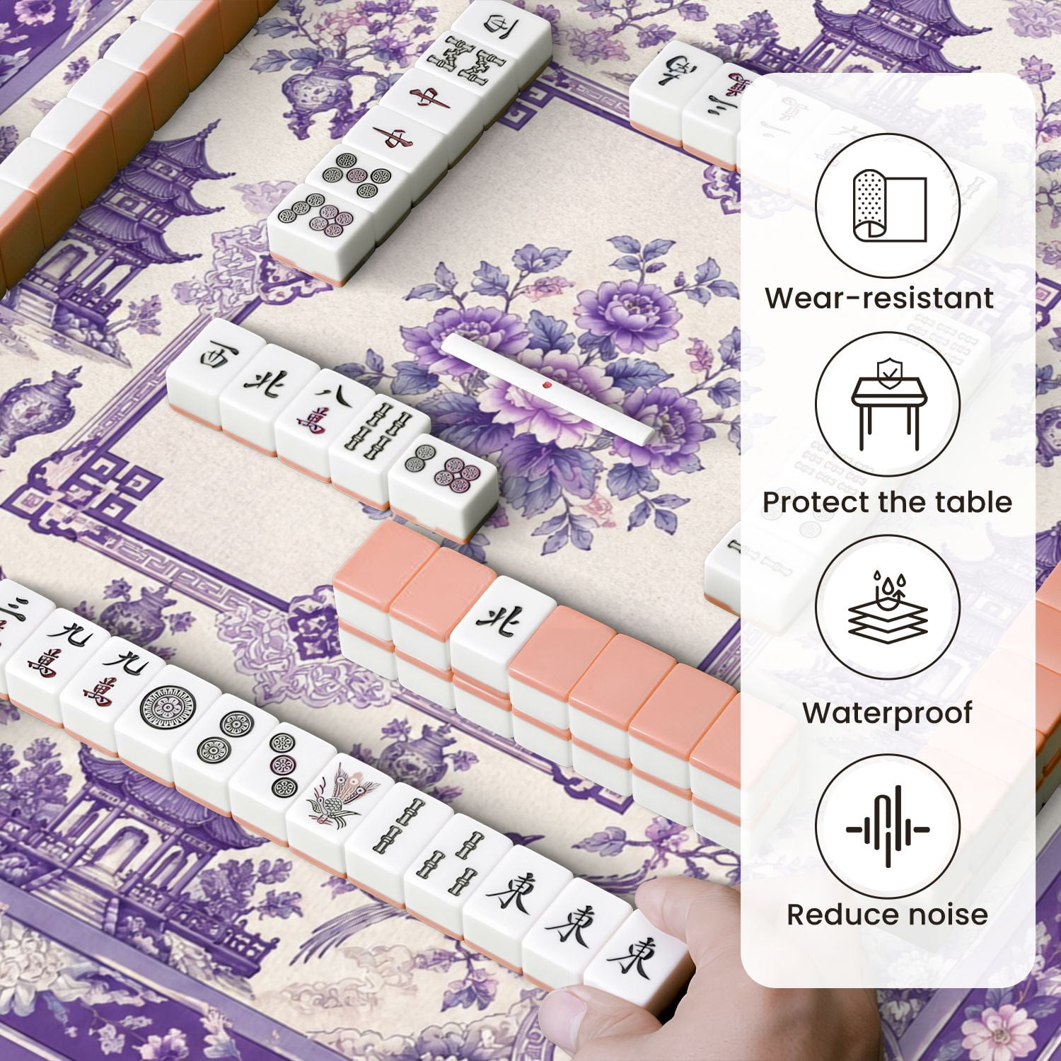 Mahjong Mat 31.5" x 31.5" Purple Floral Oriental Pagodas Birds Decorative Borders Non-Slip Noise Reduction Mahjong Tiles Table Cover for Dominoes Poker Card Board and Tile Games