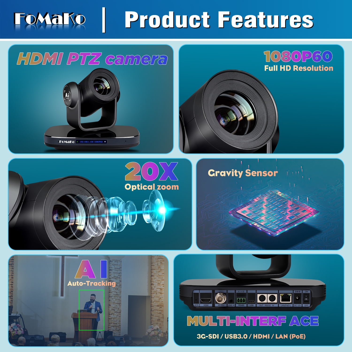 FoMaKo HDMI 1080P60 AI Auto-Tracking 20X video Camera Bundle ( K20x3+ KC608+KC601)