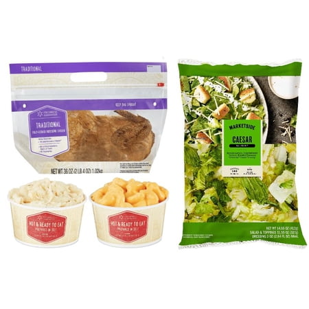 Freshness Guaranteed Hot & Ready-to-Eat Traditional Rotisserie Chicken Meal Bundle with Large Mac and Cheese and Large Mashed Potatoes with a Marketside Caesar Salad