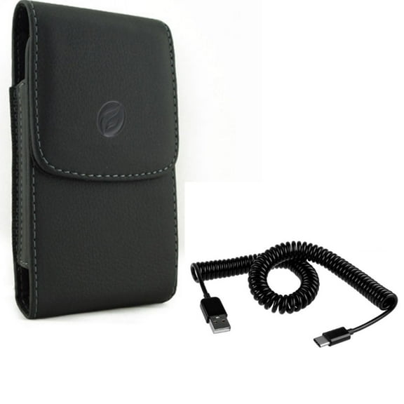 Coiled USB Cable w Leather Case Belt Clip for Google Pixel 4 XL Phones - Type-C Charger, Holster Cover Q1R Compatible With Pixel 4 XL Models