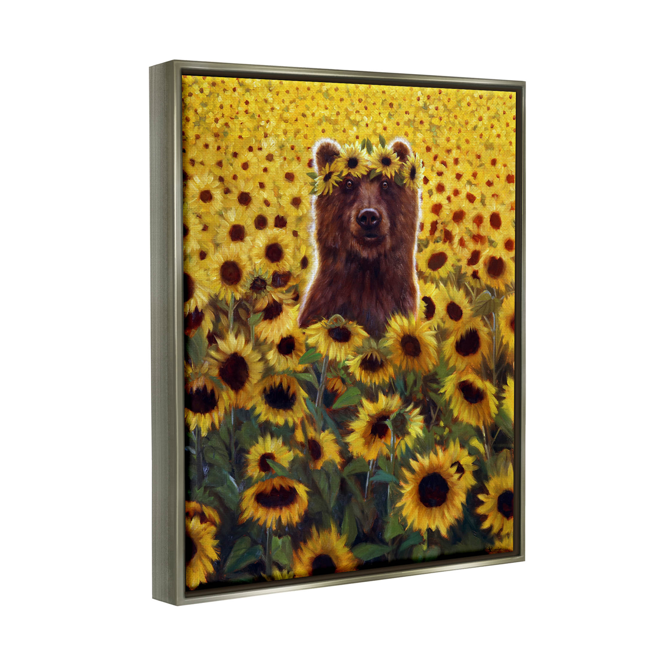 Happy Bear Sunflower Field Animals & Insects Painting Luster Gray Framed Art Print Wall Art