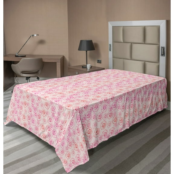 Ambesonne Romantic Flat Sheet, Outline Rose Petals, TwinXL Size, Pale Pink Magenta
