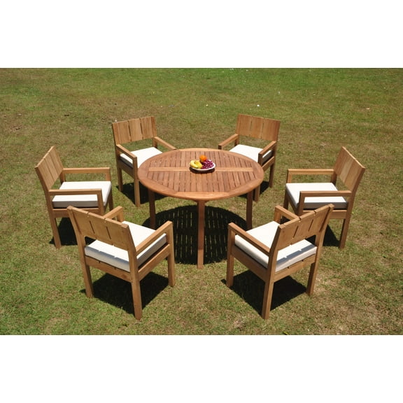 Grade-A Teak Dining Set: 6 Seater 7 Pc: 48" Round Table And 6 Veranda Arm Chairs Outdoor Patio WholesaleTeak #WMVR48
