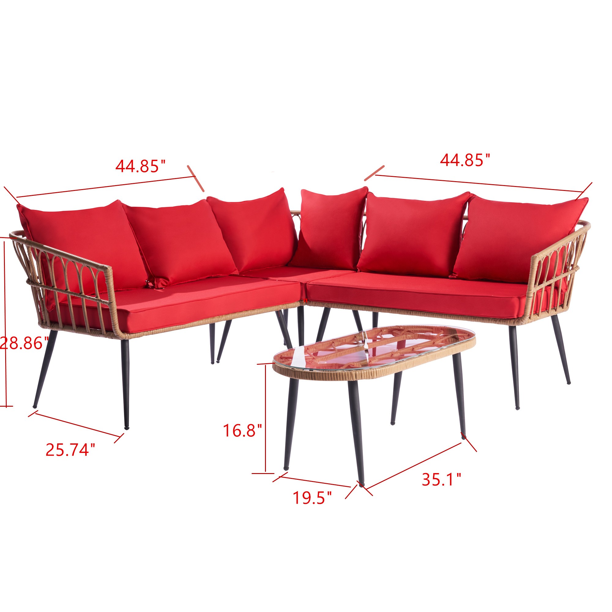 Wicker Patio Furniture Sets on for Backyard, 2023 Upgrade New 4-Piece Wicker Conversation Set w/L-Seats Sofa, R-Seats Sofa, Tempered Glass Table, Padded Cushions, Red, S8326 - image 3 of 7