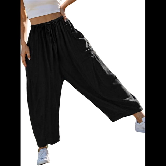 Pantalones Palazzo Harem Informales Holgados con Cordón para Mujer, para Verano, Playa, Viajes, Vacaciones, con Bolsillos. Negro L
