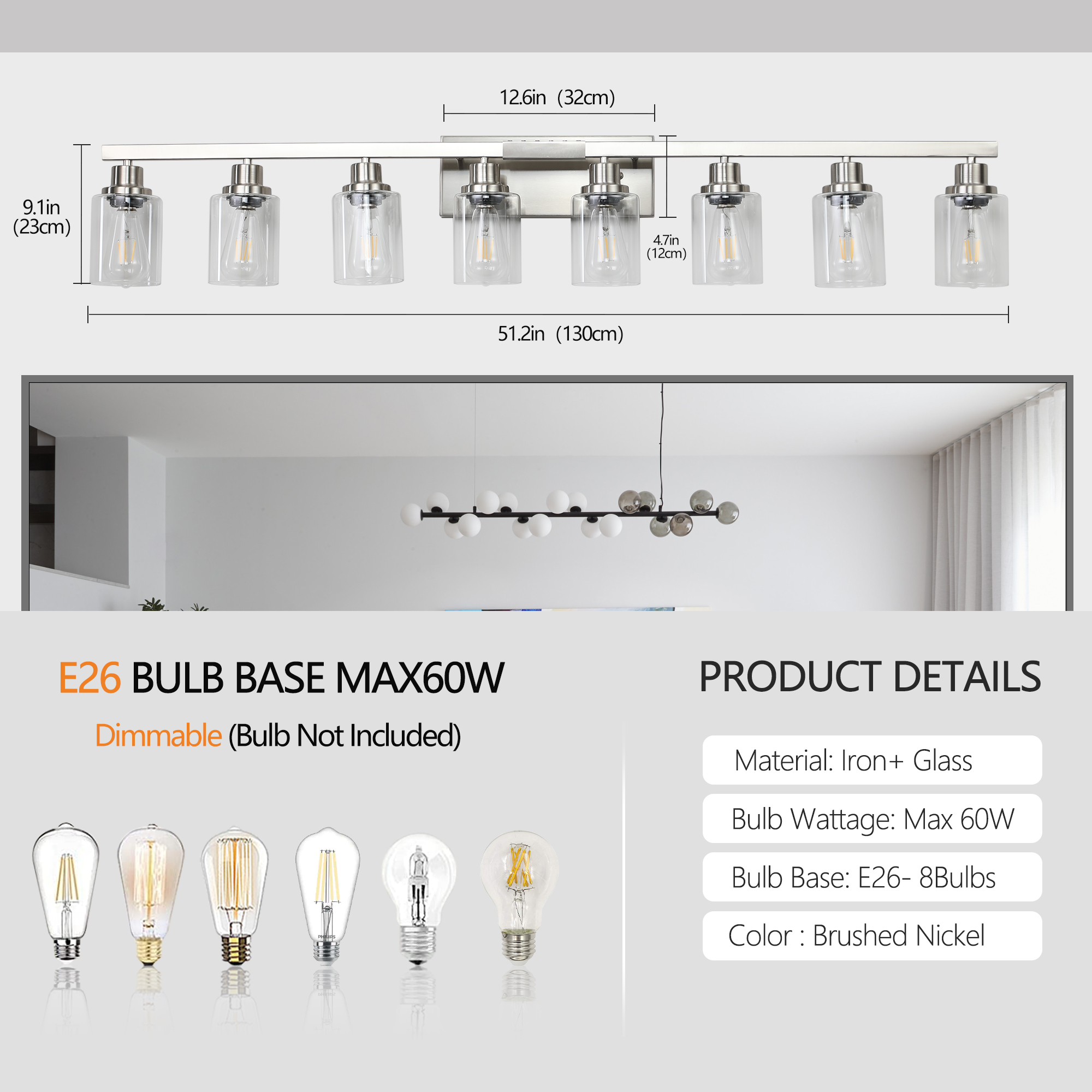 8 Light Brushed Nickel Modern 51.2in Bathroom Vanity Light with Clear Glass Shade, Bathroom Lighting Fixtures Over Mirror