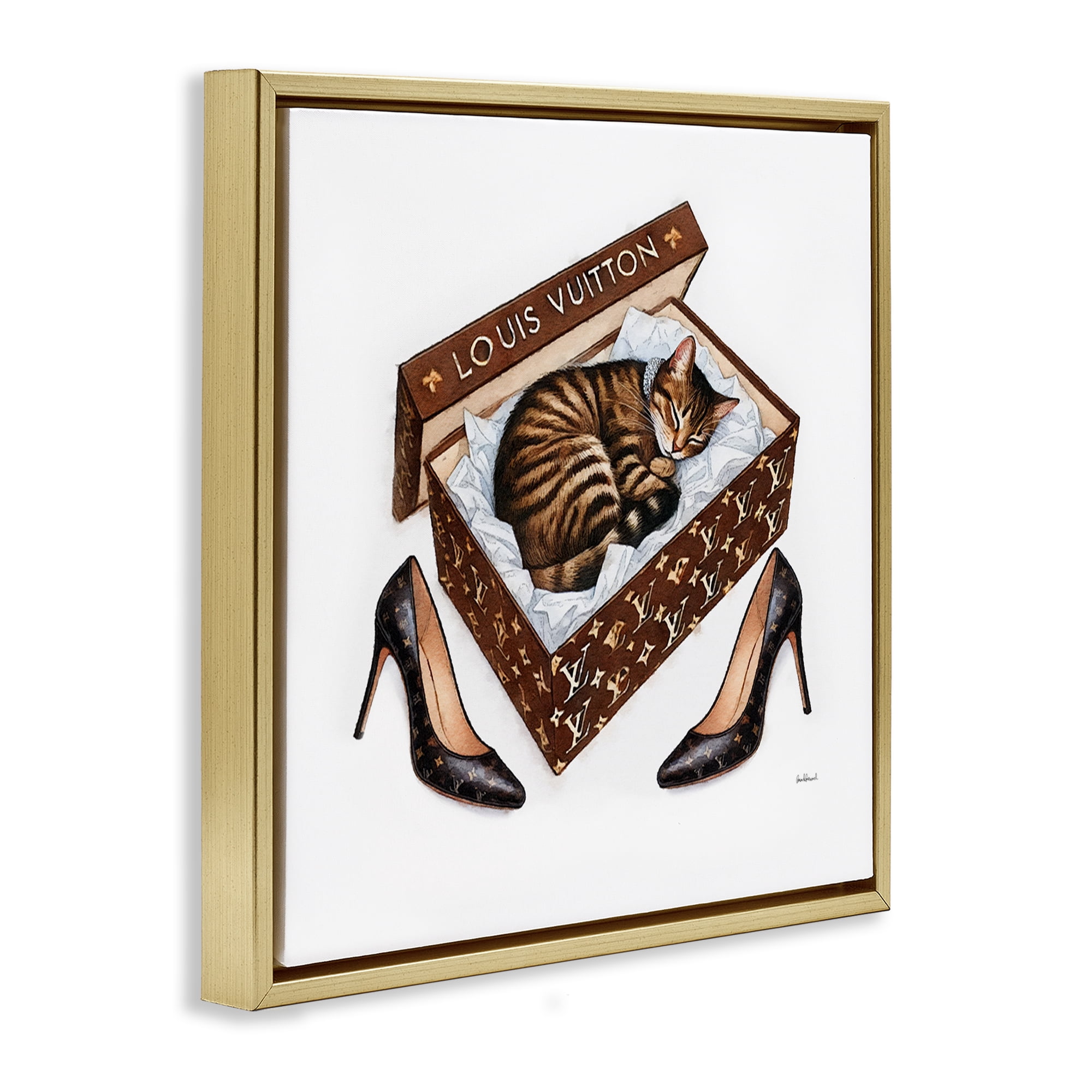 Stupell Industries Sleeping Cat in Shoebox Animals Painting Gold Floater Framed Canvas Art Print Wall Art, 25 x 25