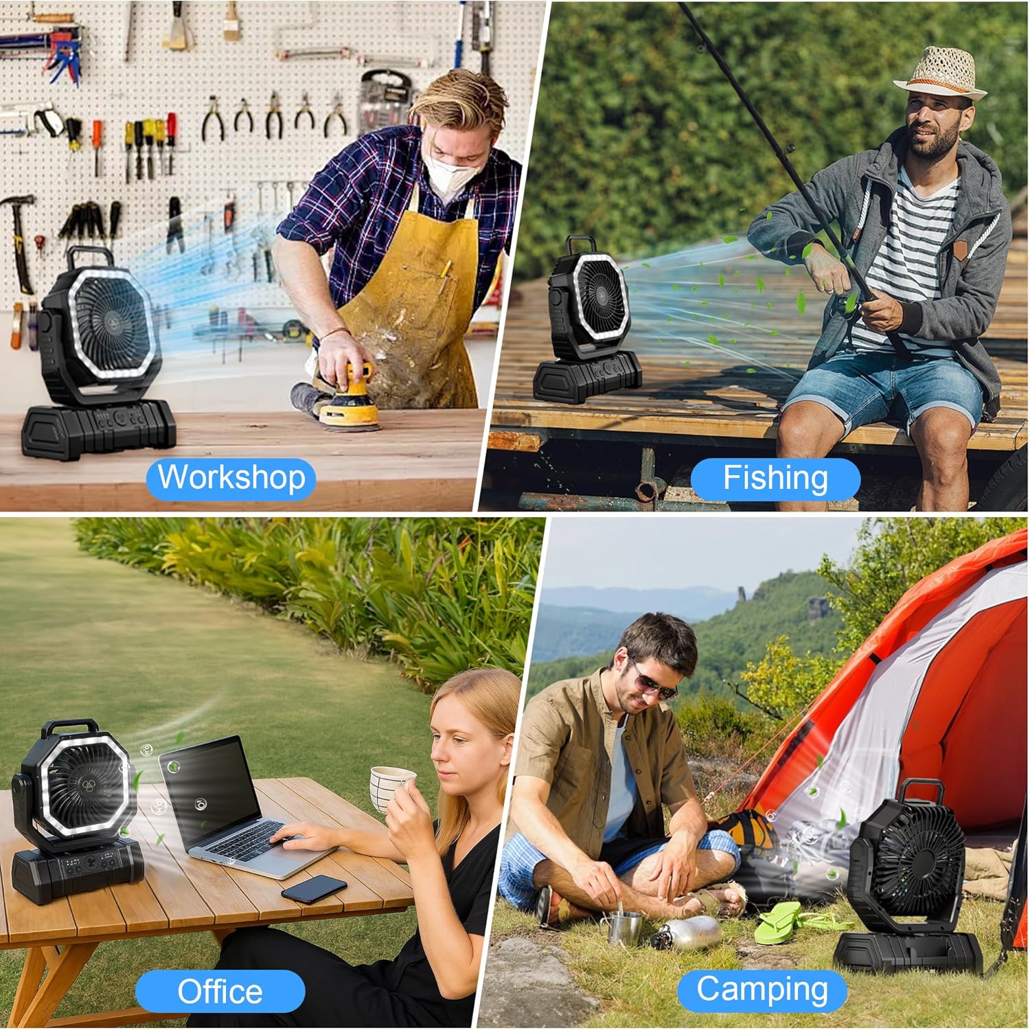 Portable Fan Rechargeable, 20000mAh Cordless Battery Powered Camping Fan with LED Light & Remote, 4 Speeds Wind, Timer, USB C, 360 Hanging Hook, Oscillating Fans for Travel Tent, Camping Essentials