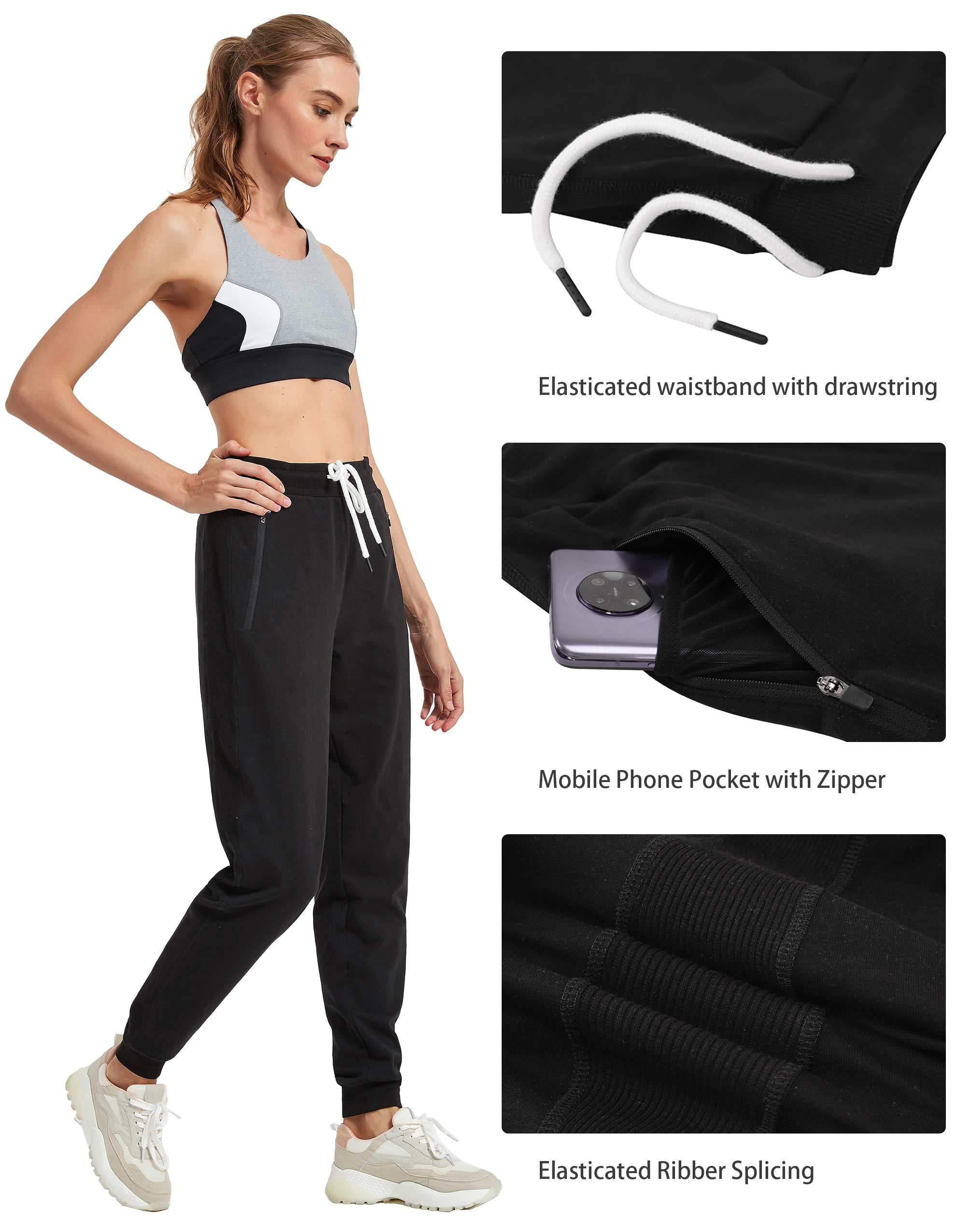 PULI Women Workout Sweatpants Cotton Jogger Ribber Splicing Lounge Sweat Pants with Zipper Pocket 