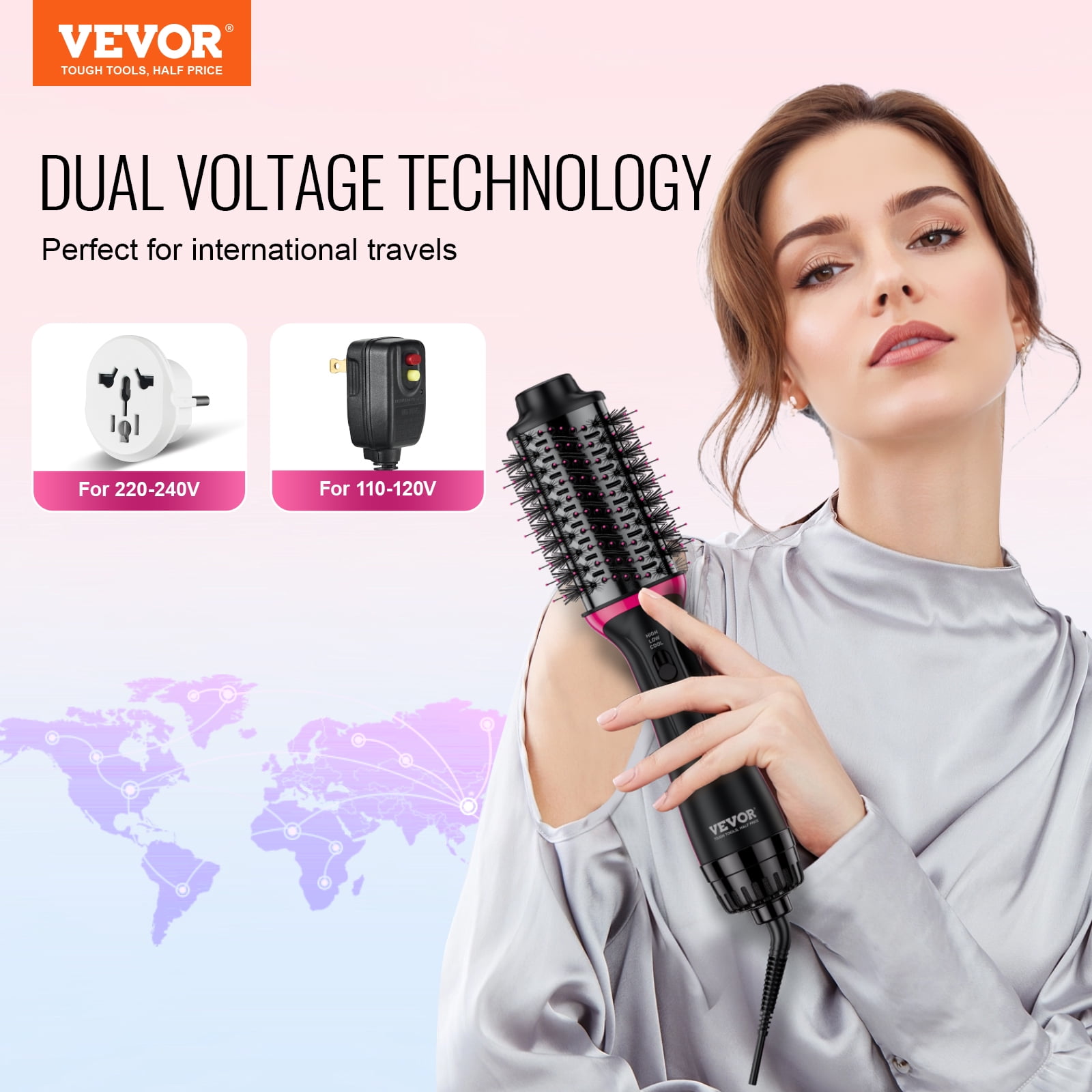 VEVOR Hair Blow Dryer Brush,4 in 1 Ionic Hair Styler and Volumizer with Electroplated Titanium & 2.56" Ceramic Coating Oval Barrel,Dual Voltage 110V/240V Hot Air Styling Brush for Salon Home Travel