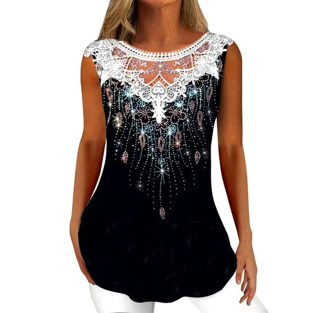 Playeras,Blusas y Tops,Ropa para Mujer Workout Tank Tops Mujer Túnica para mujer, camiseta holgada, cómoda, informal, fluida, sin mangas, cuello redondo, blusa de encaje (Black, L)