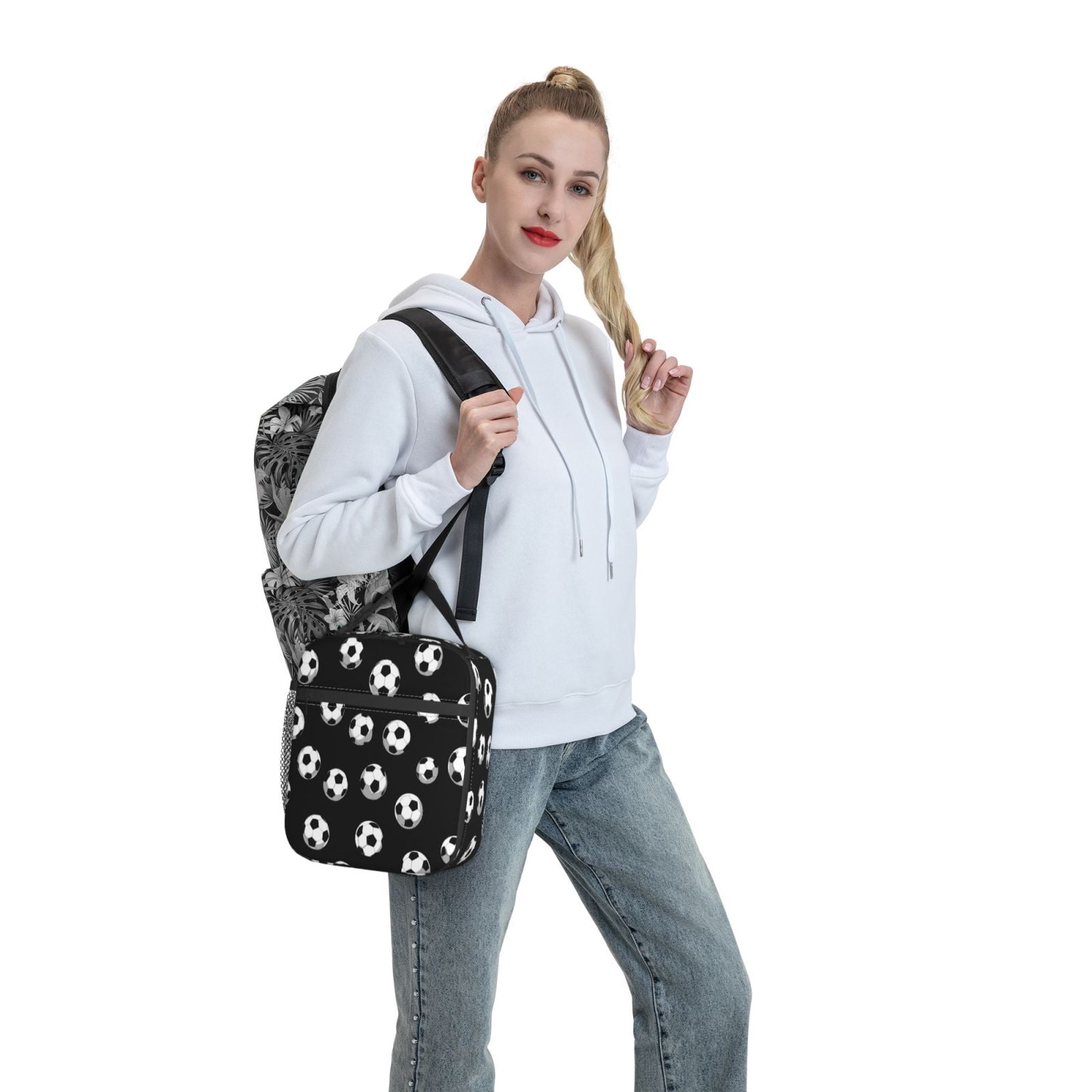 Lunch Bag For Women Men Insulated Portable Lunch Box Bento Box Office Picnic Travel Cooler Bag Seamless Pattern Soccer Football