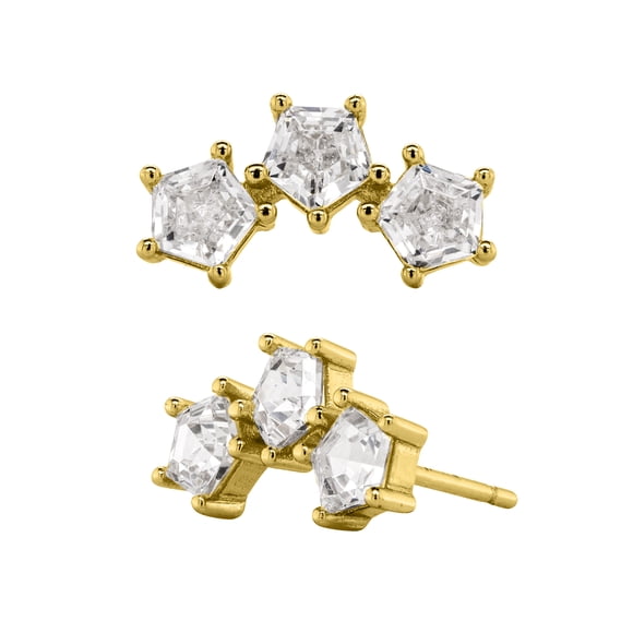 Mercie Boucles d'Oreilles Clous en Argent Sterling Vermeil Or à Trois Pierres en Zircon Cubique Clair