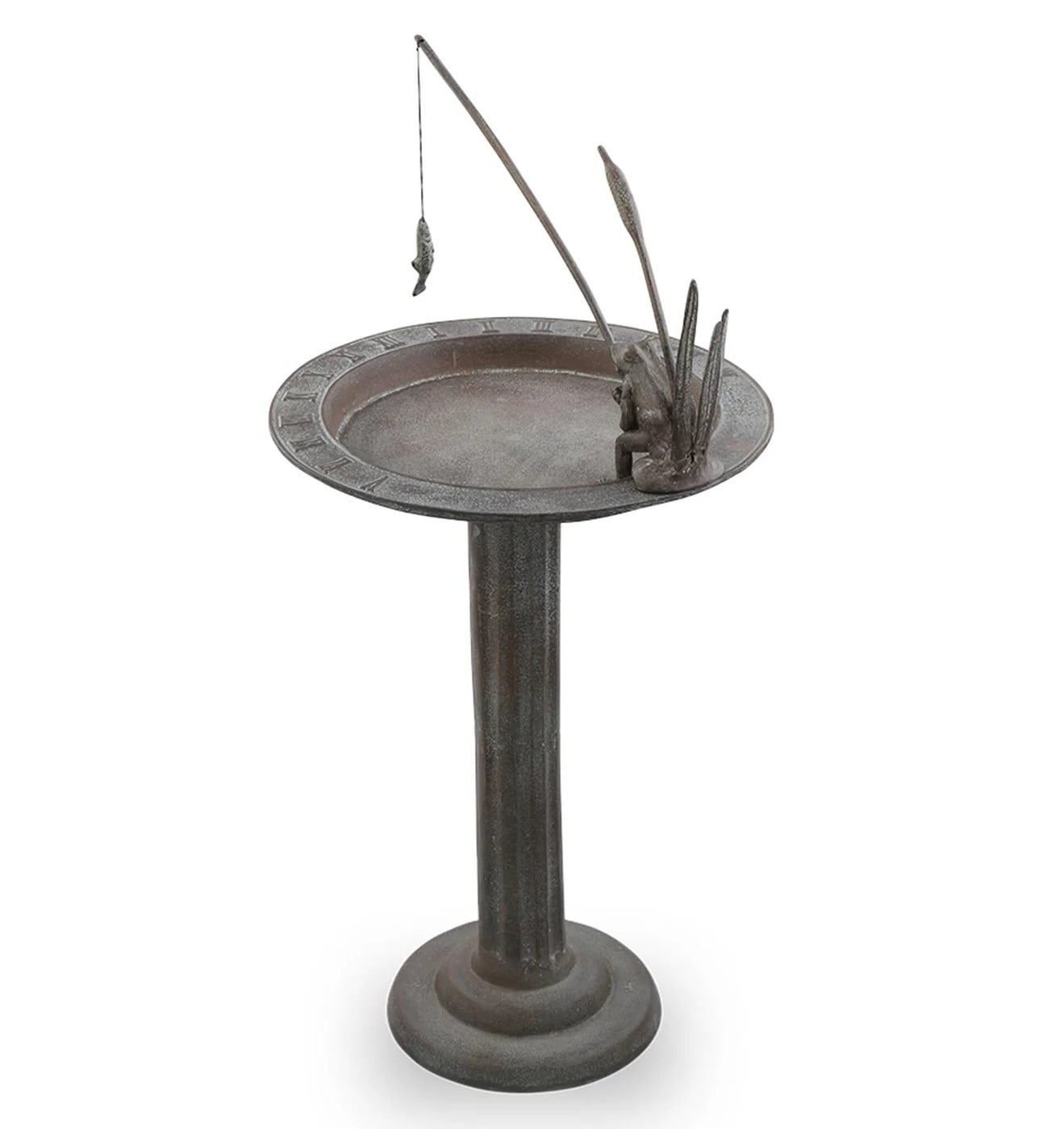 Fishing Frog Verdigris Green Metal Birdbath