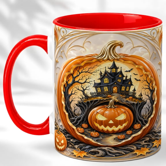 Haunted Pumpkin Coffee Mug, Halloween House Mug, Ceramic 11 oz