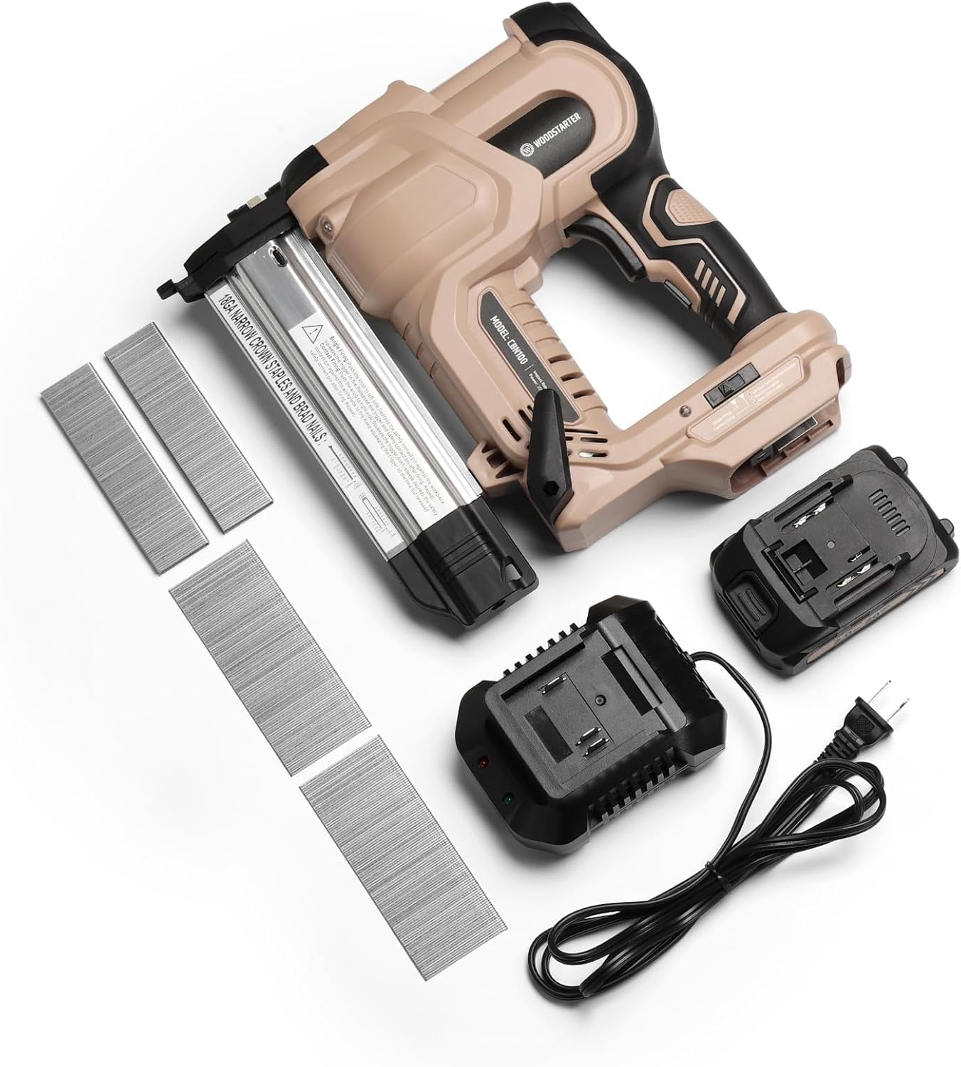 WOODSTARTER Cordless 2-in-1 Brad Nailer (Battery&Charger), 2 inches 18GA, 400 Nails, Depth Adjustment, 2 firing Modes, LED Lights